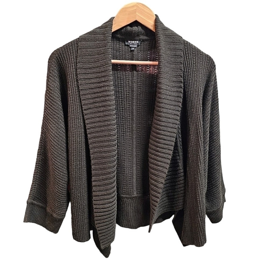Worth 100% Wool Ribbed Knit Open Front Cardigan Size XS Brown Relaxed Fit Dressy
